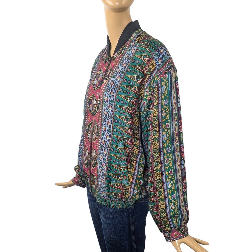 Silk Club Vintage Paisley Floral Print Silk Bomber Jacket Zip Up Sz S - Picture 4 of 7